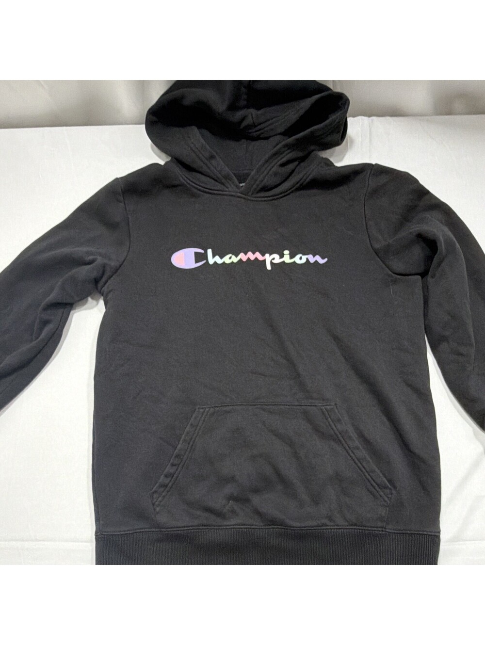 Champion Boys 18-20 Black Pullover Fleece Hoodie Hooded Pockets Logo Print